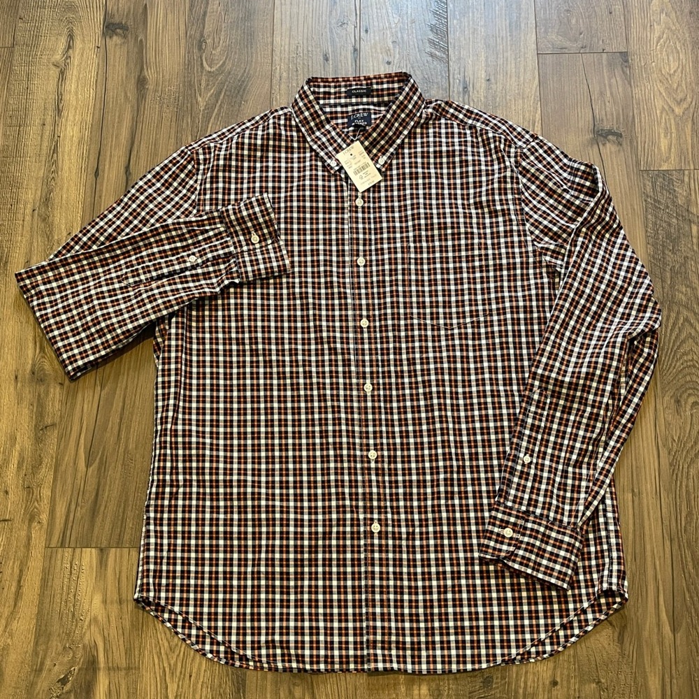 J.Crew Flex Washed Shirt Men XL Classic Fit Gingham Navy Orange B1048 NWT $79.50